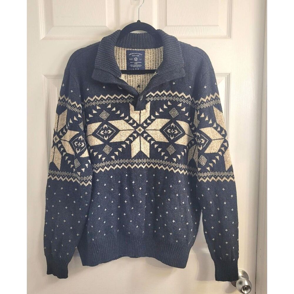 American Eagle L Fair Isle Shawl Collar Sweater Nordic Cabincore Grandpacore